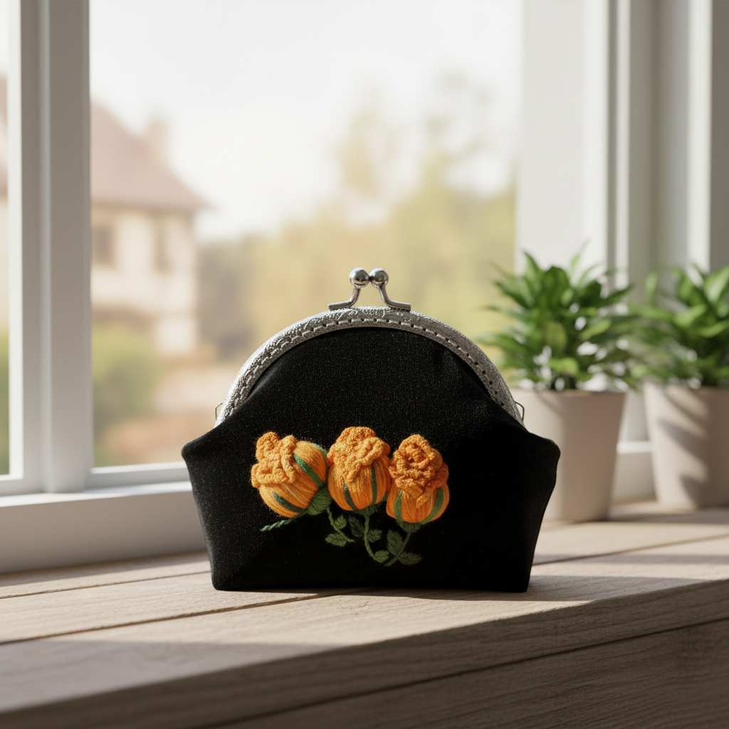Vintage Velvet Kiss Lock Purse with 3D Rose Embroidery | Elegant Pearl Clasp Evening Bag - Image 3