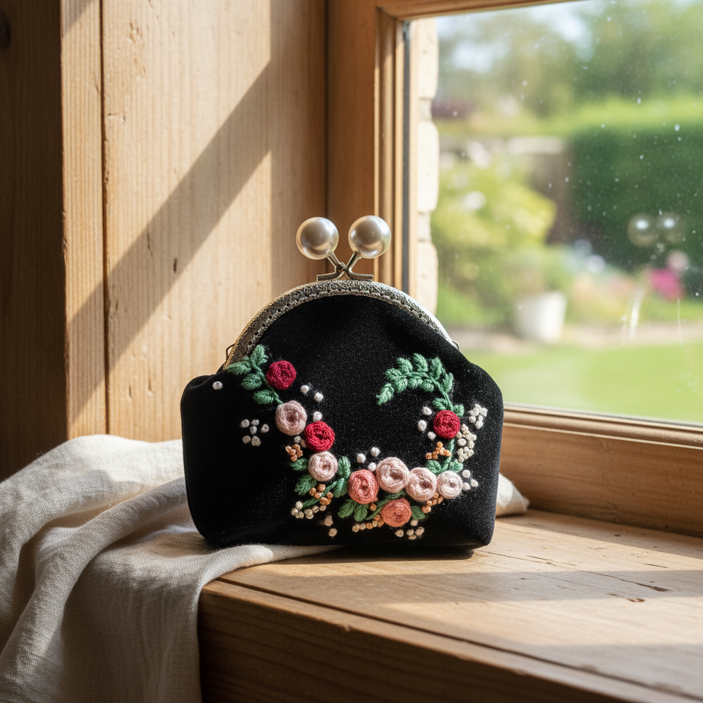 Vintage Floral Wreath Embroidery Velvet Kiss-Lock Purse | Custom Photo Interior Personalized Gift