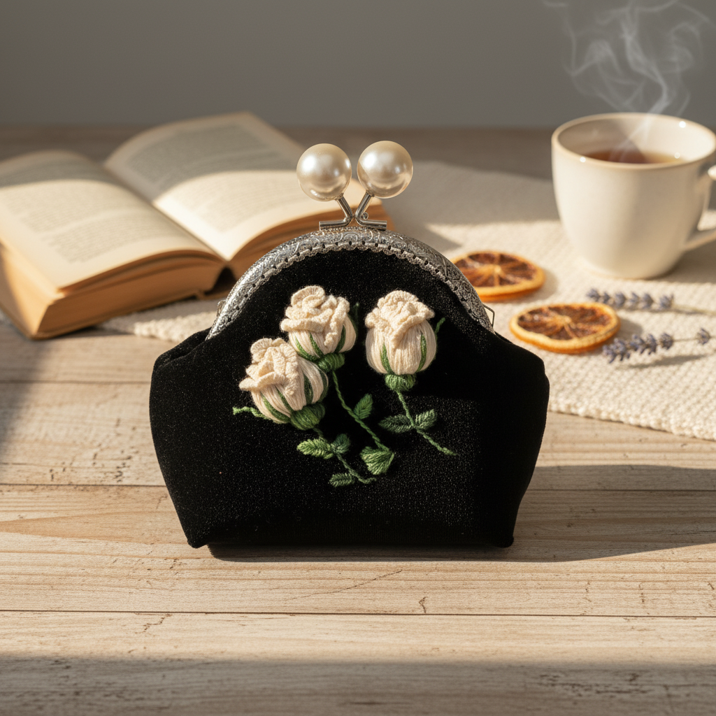 Vintage Velvet Kiss Lock Purse with 3D Rose Embroidery | Elegant Pearl Clasp Evening Bag