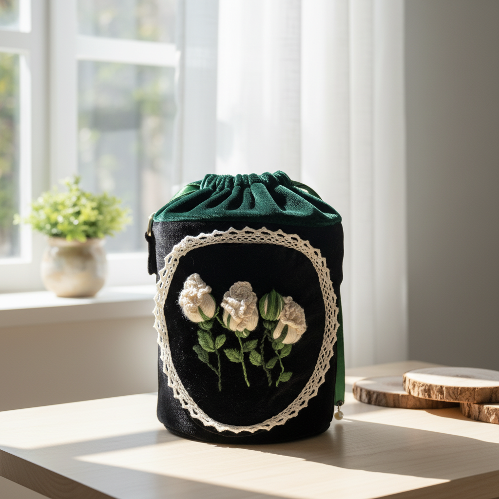 Vintage Embroidered Velvet Bucket Bag with Lace Trim | Custom Photo Interior Personalized Memory Gift - Image 4
