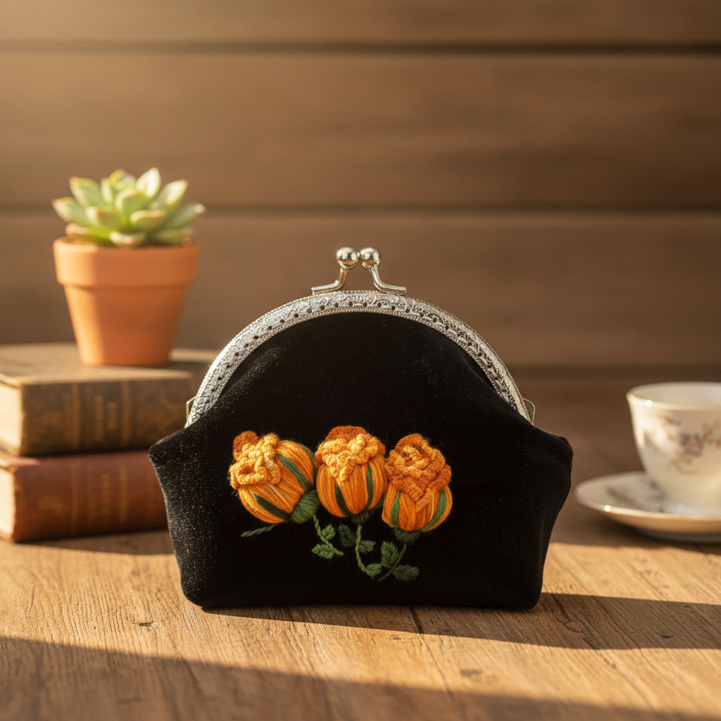 Vintage Velvet Kiss Lock Purse with 3D Rose Embroidery | Elegant Pearl Clasp Evening Bag - Image 6
