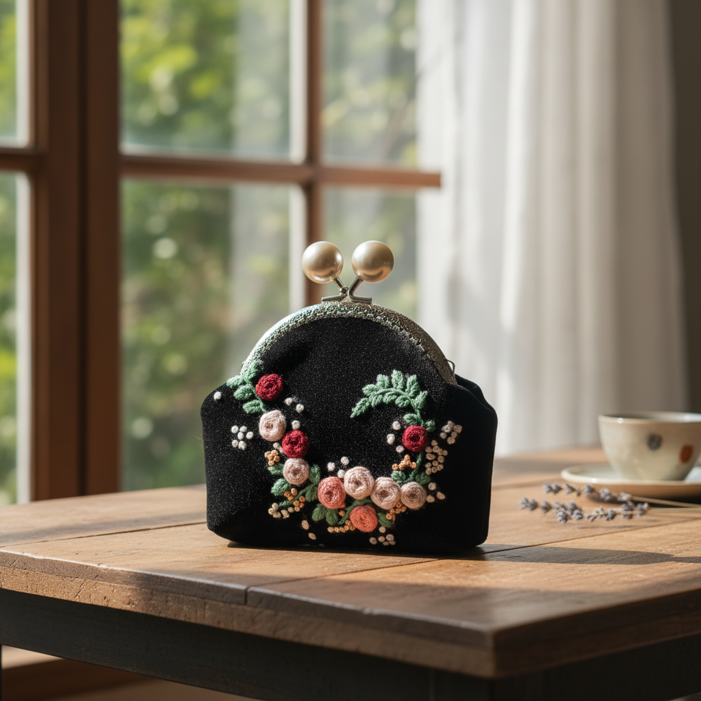 Vintage Floral Wreath Embroidery Velvet Kiss-Lock Purse | Custom Photo Interior Personalized Gift - Image 3
