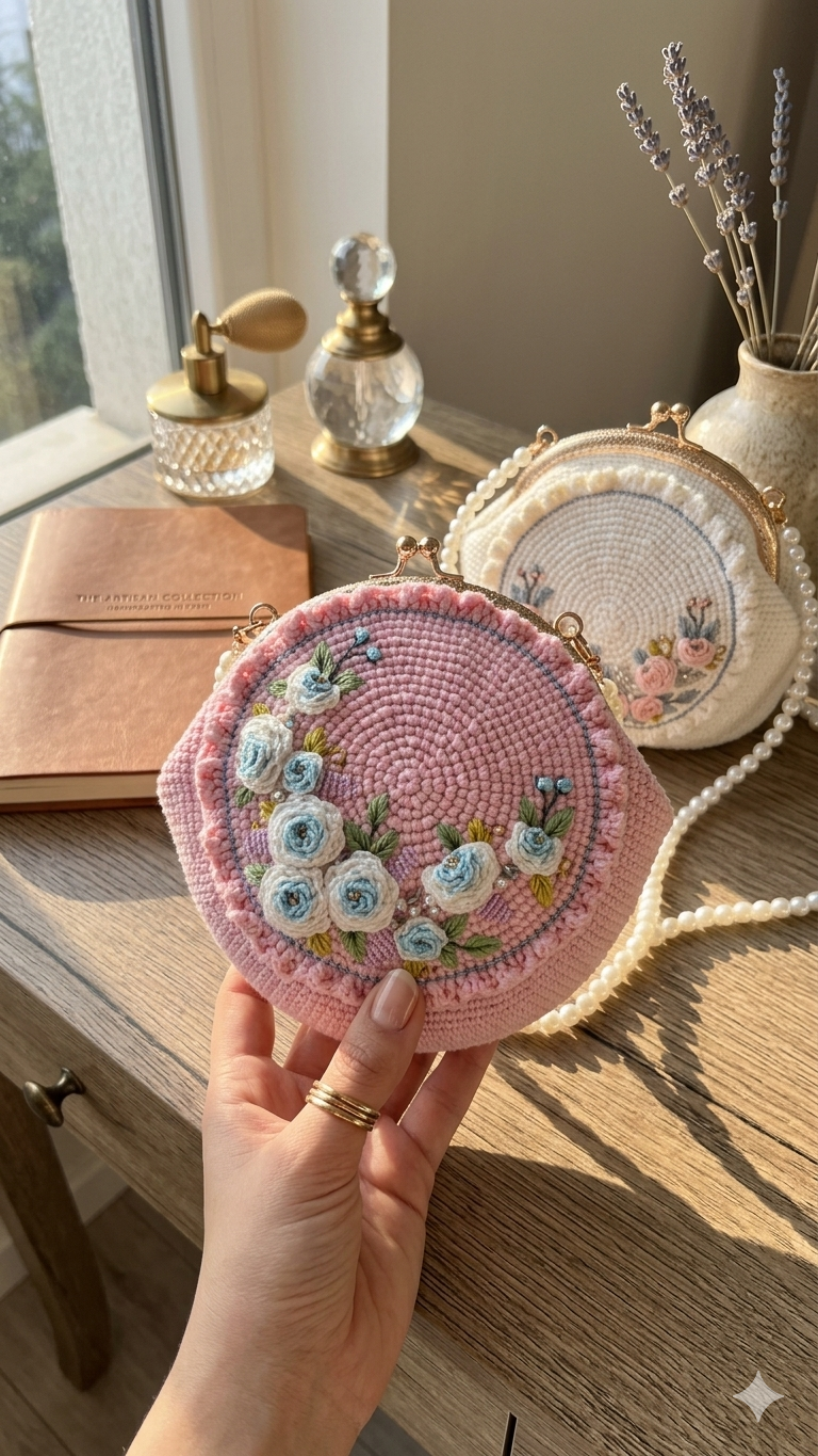 Hand-Crocheted 3D Embroidered Rose Bag - Custom Photo Clutch - Image 2