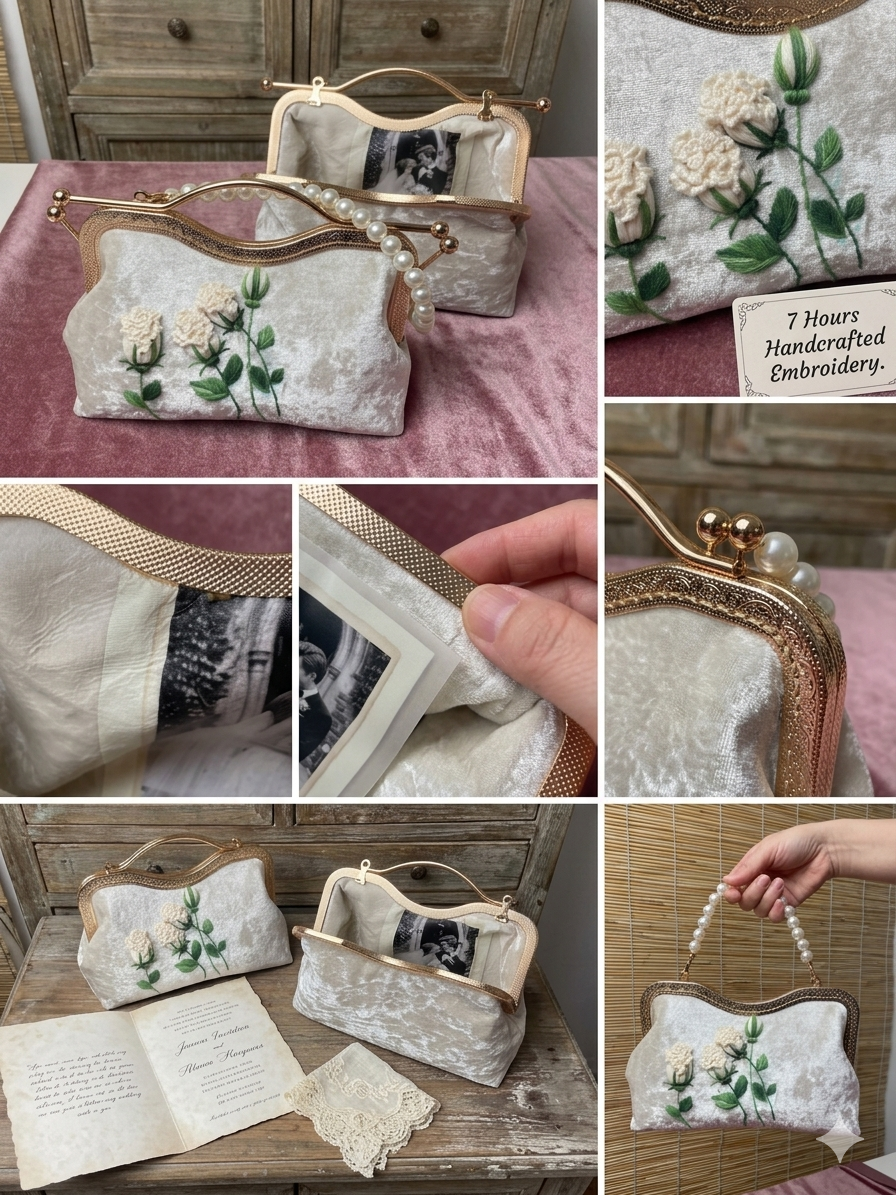 Custom Photo Interior Clutch Bag, Hand Embroidered Rose Velvet Purse, Personalized Bridal Gift for Her, Pet Memorial Anniversary Keepsake - Image 5