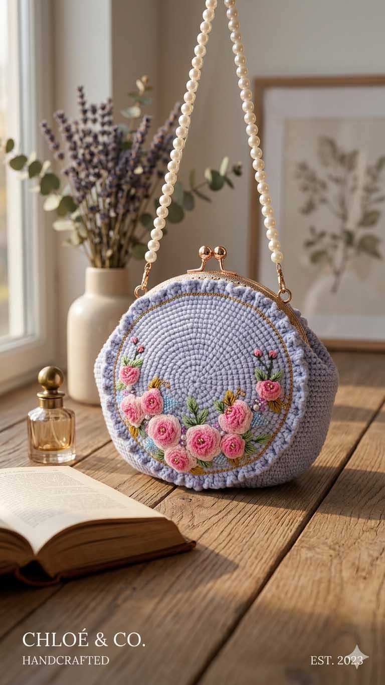 Hand-Crocheted 3D Embroidered Rose Bag - Custom Photo Clutch - Image 6
