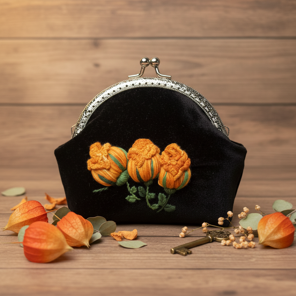Vintage Velvet Kiss Lock Purse with 3D Rose Embroidery | Elegant Pearl Clasp Evening Bag - Image 7