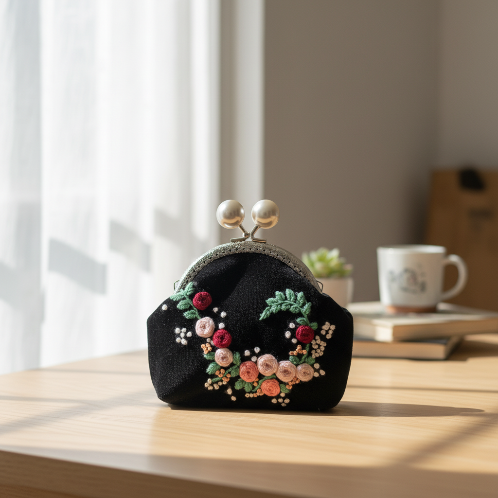 Vintage Floral Wreath Embroidery Velvet Kiss-Lock Purse | Custom Photo Interior Personalized Gift - Image 2