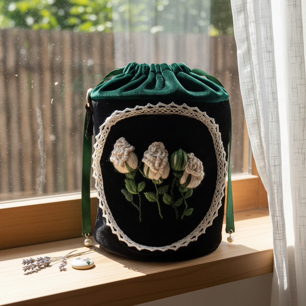 Vintage Embroidered Velvet Bucket Bag with Lace Trim | Custom Photo Interior Personalized Memory Gift - Image 3