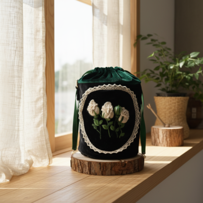 Vintage Embroidered Velvet Bucket Bag with Lace Trim | Custom Photo Interior Personalized Memory Gift
