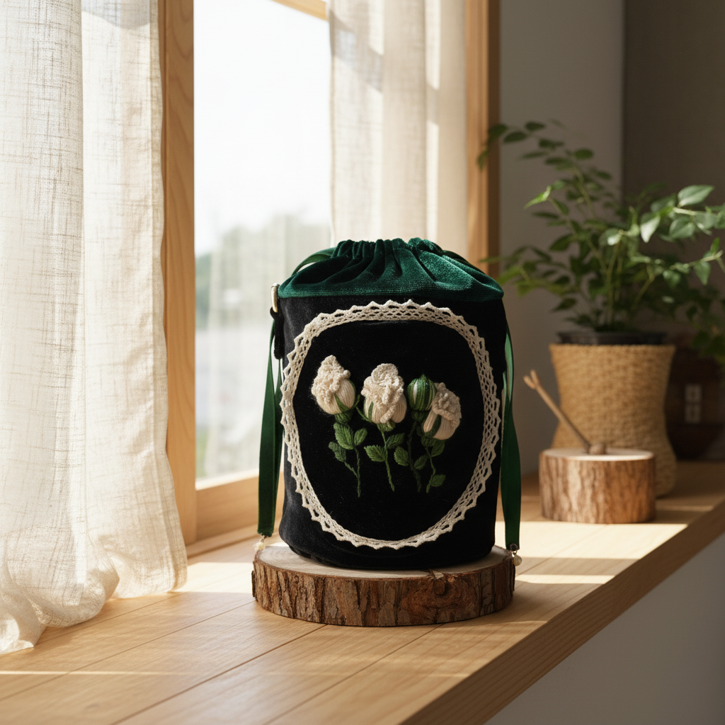 Vintage Embroidered Velvet Bucket Bag with Lace Trim | Custom Photo Interior Personalized Memory Gift