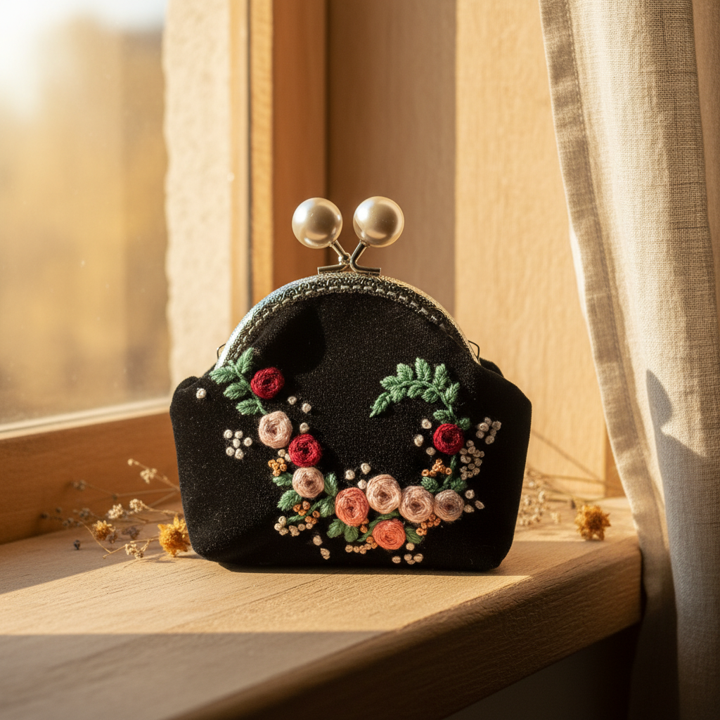 Vintage Floral Wreath Embroidery Velvet Kiss-Lock Purse | Custom Photo Interior Personalized Gift - Image 4