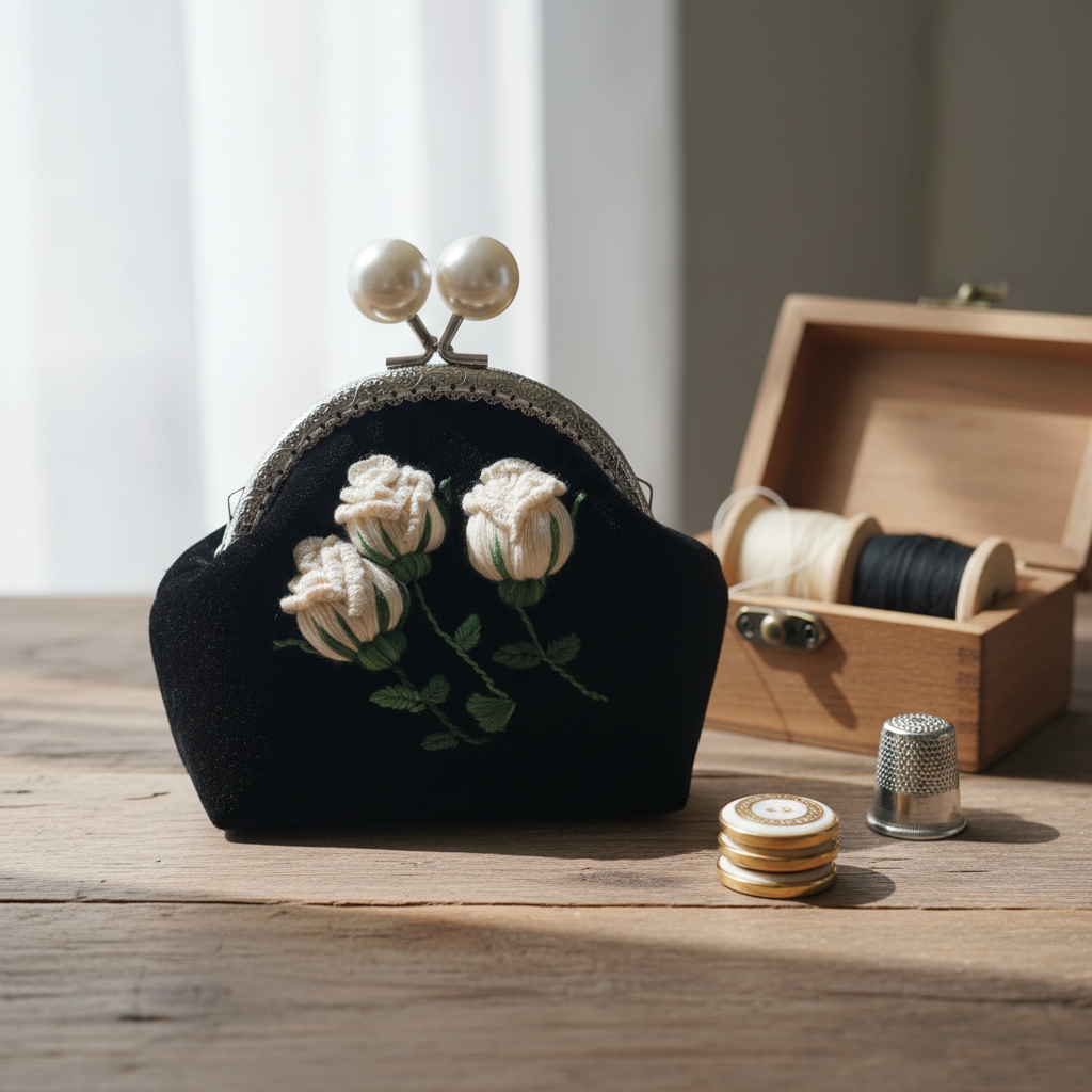 Vintage Velvet Kiss Lock Purse with 3D Rose Embroidery | Elegant Pearl Clasp Evening Bag - Image 5