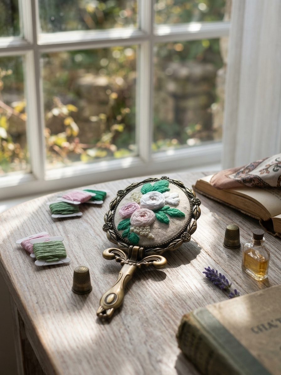 Handmade Vintage Embroidered Hand Mirror – 3D Floral Pocket Mirror, Victorian Style Vanity Mirror Gift for Her - Image 2