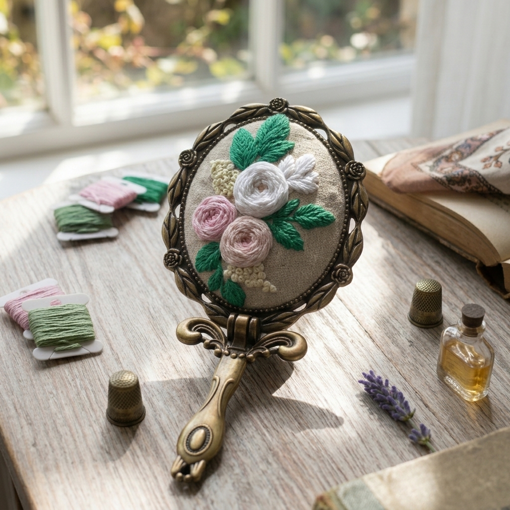 Handmade Vintage Embroidered Hand Mirror – 3D Floral Pocket Mirror, Victorian Style Vanity Mirror Gift for Her - Image 3