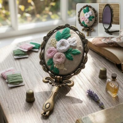 Handmade Vintage Embroidered Hand Mirror – 3D Floral Pocket Mirror, Victorian Style Vanity Mirror Gift for Her