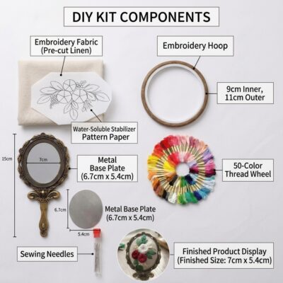DIY Hand Embroidery Mirror Kit – Vintage Floral Pocket Mirror Craft Package with Pre-Cut Linen, Threads & Hoop